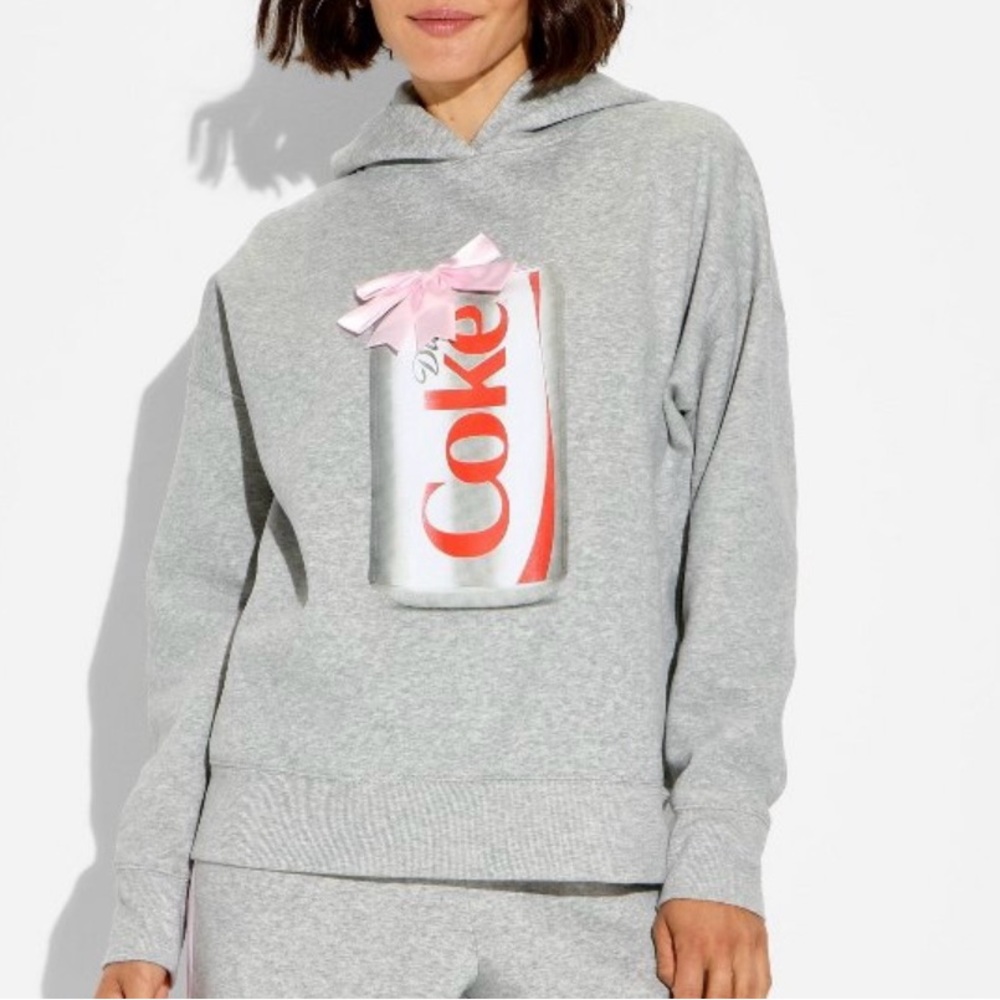 Diet Coke Hoodie Oversized Fleece Sweatshirt Pink Bow Gray Size Small NWT